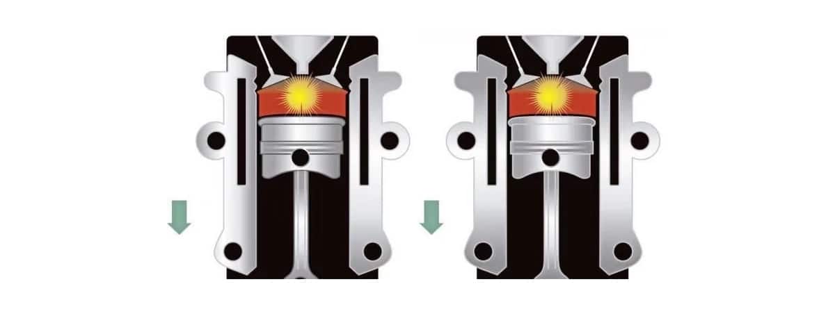 A cutaway view of an internal combustion engine, showing the piston moving up and down inside the cylinder.