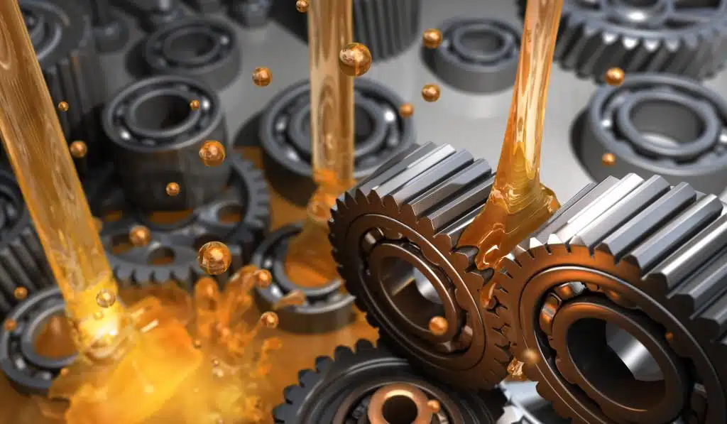 Gears and cogs in motion, with a splash of oil, in a steampunk style