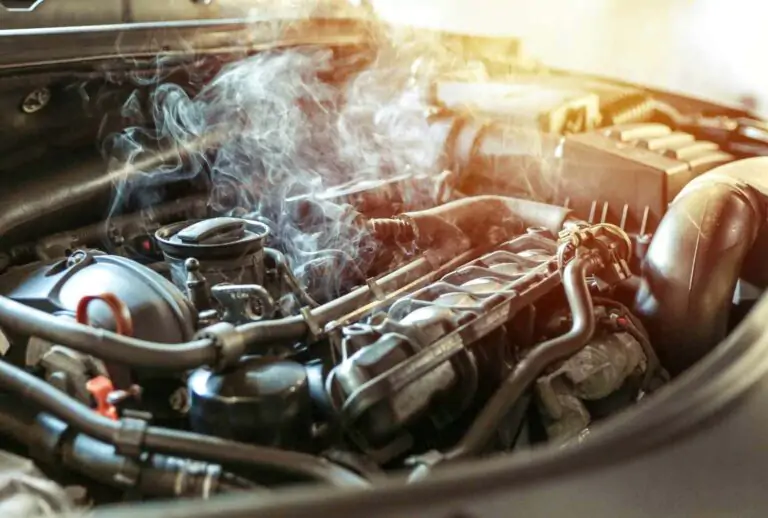 A dramatic scene of a car engine in distress, billowing thick smoke, intense lighting, and a sense of urgency. Explore the challenges of an overheating engine and its impact on the journey ahead.