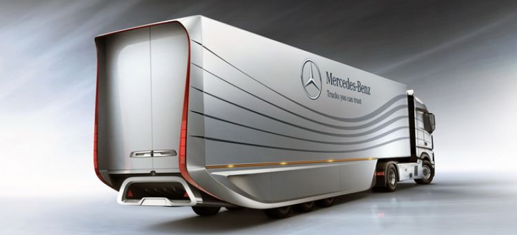 A silver Mercedes-Benz truck with a futuristic design is on the road, with a glowing red light on the back. The truck is surrounded by a white void. It is a concept truck from the future, sleek and efficient.